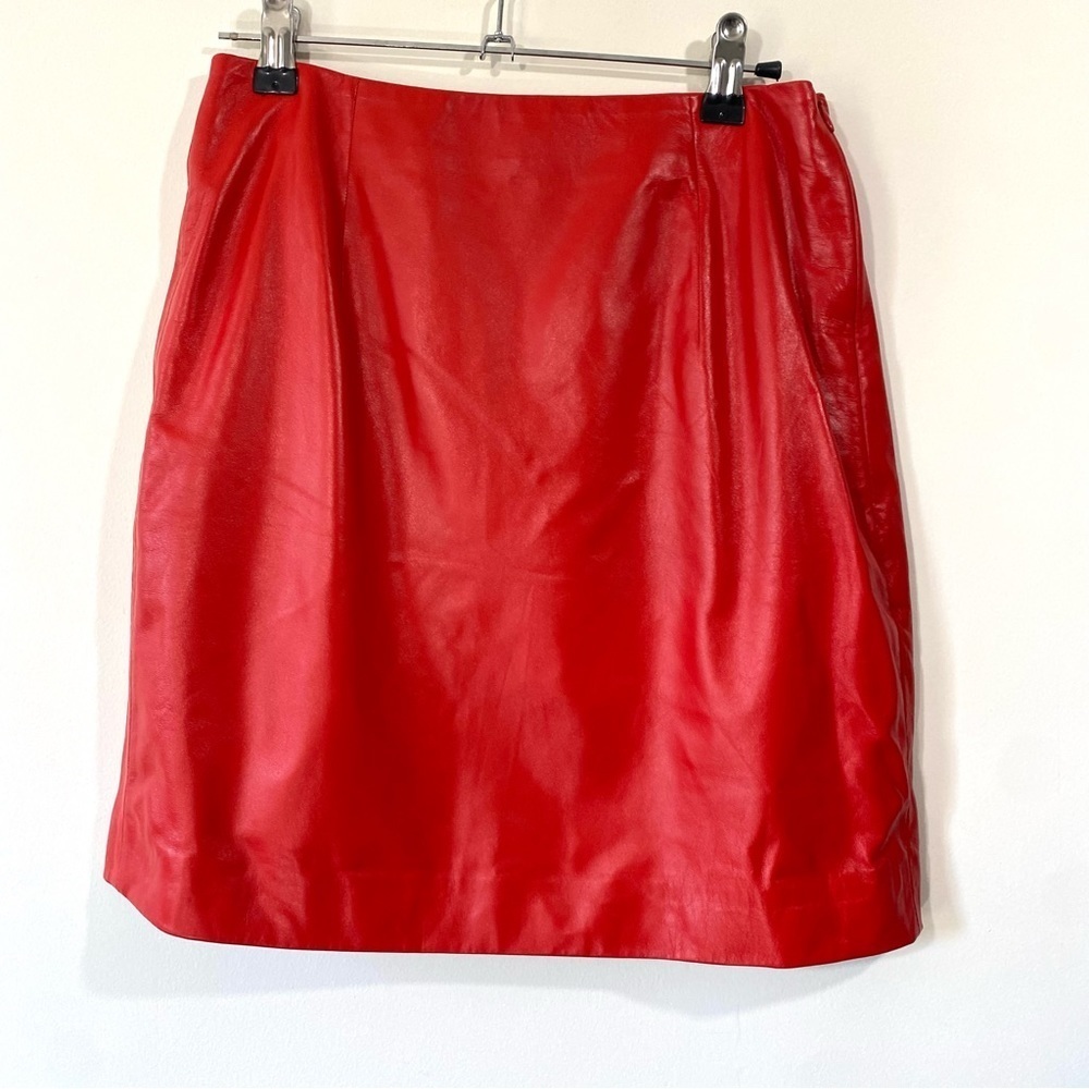 Theory Lamb Leather Mini Skirt Light Poppy Varnished Lamb Red Sz 2 Small